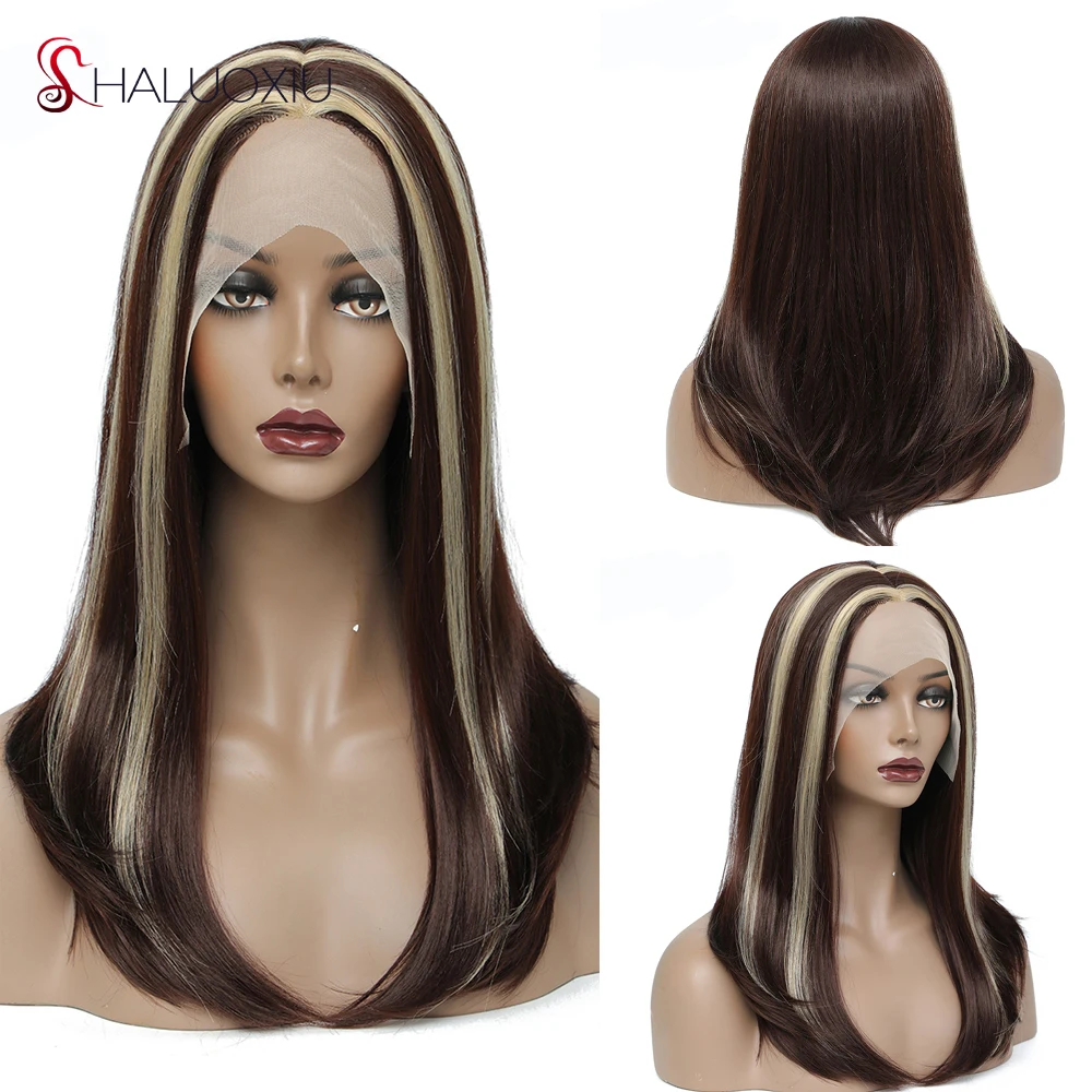 

Brown Straight Lace Front Synthetic Hair Wig Blonde Heat Resistant Fiber Synthetic Hair L Part Lace Wig For Women 16In SHALUOXIU