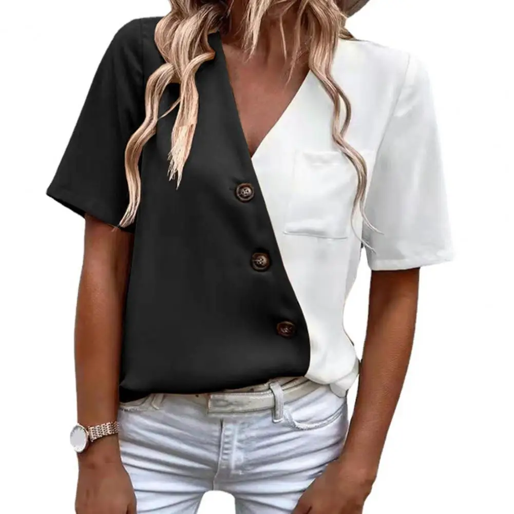 

Fashion Women Shirt Summer V-Neck Short Sleeve Buttons Decor Color Block Pullover Blouse Top Women 2022 Streetwear