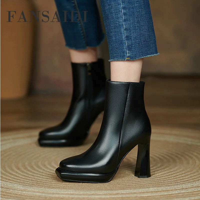 

FANSAIDI 2022 Fashion Winter Back Zipper Platform Square Toe Genuine Leather Burgundy Ankle Boots Platform Matin Female Boots
