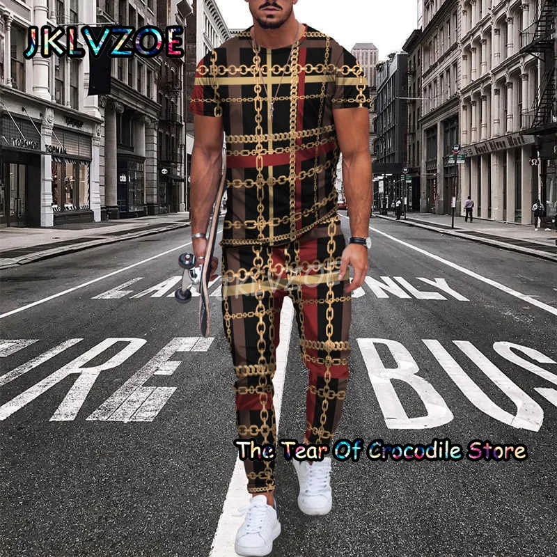 Golden Chain Retro Men's T Shirt+Trousers Tracksuit 2 Piece Sets Short Sleeve Pants Street Unisex 3D Printing Summer Clothes