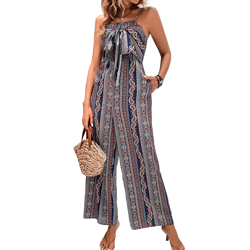 2023 Summer Spaghetti Straps Loose Overalls Boho Vintage Pattern Print Wide Leg Playsuit Casual Pocket Beach Straight Jumpsuits