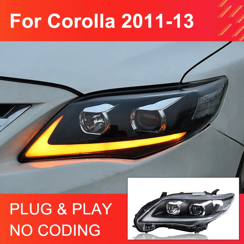 

1 пара автомобильных фар в сборе для Toyota Corolla 2011 2012 2013, фары головного света с лампочкой DRL, вращающаяся линза проектора, передняя фара