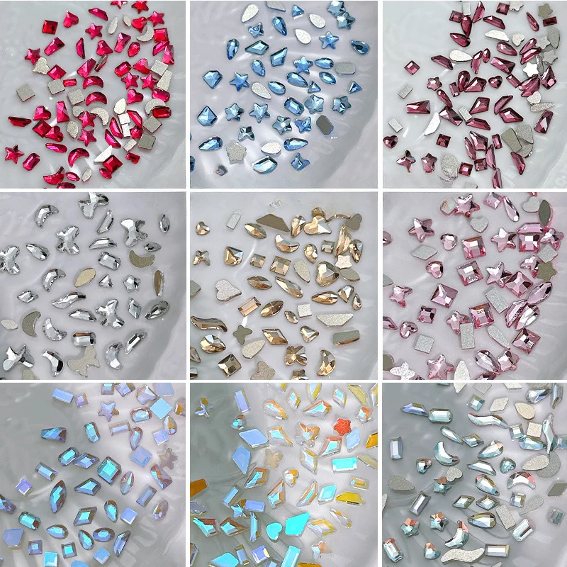 100pcs Mini Shaped Crystal Diamond Nail Decorations Flat Bottomed Rhinestone Mixed Color Glass Gemstone DIY Manicure Accessory