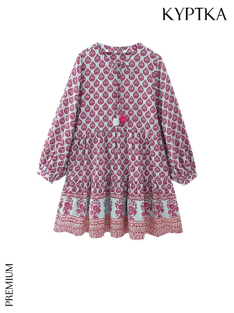 

KYPTKA Women Fashion With Tassel Printed Mini Dress Vintage Slot Collar Long Sleeve Female Dresses Vestidos Mujer