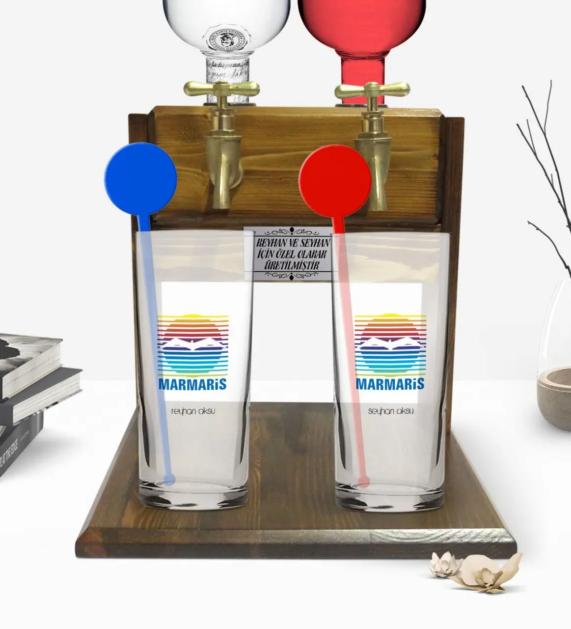 

Personalized Colorful Printed Marmaris Design Tourist Dual Vodka Cup and Double Tap Natural Wood Vodka Standı-1