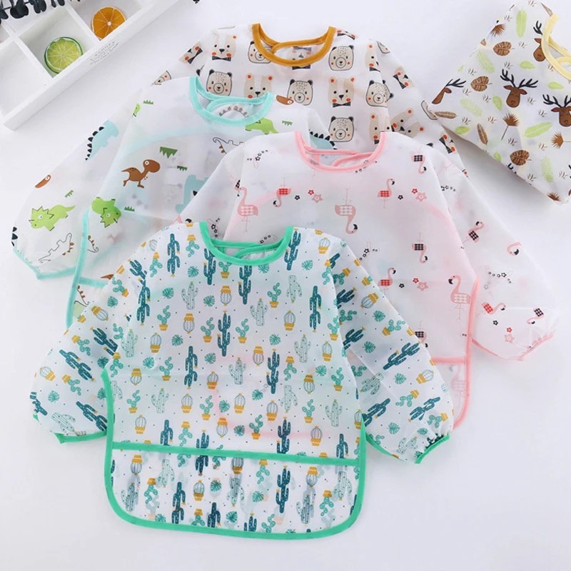 

Waterproof Long Sleeve Apron Cute Elk Cartoon Bear Baby Bibs Infant Eating Baby Stuff Children Drawing Baby Self Feeding Bib