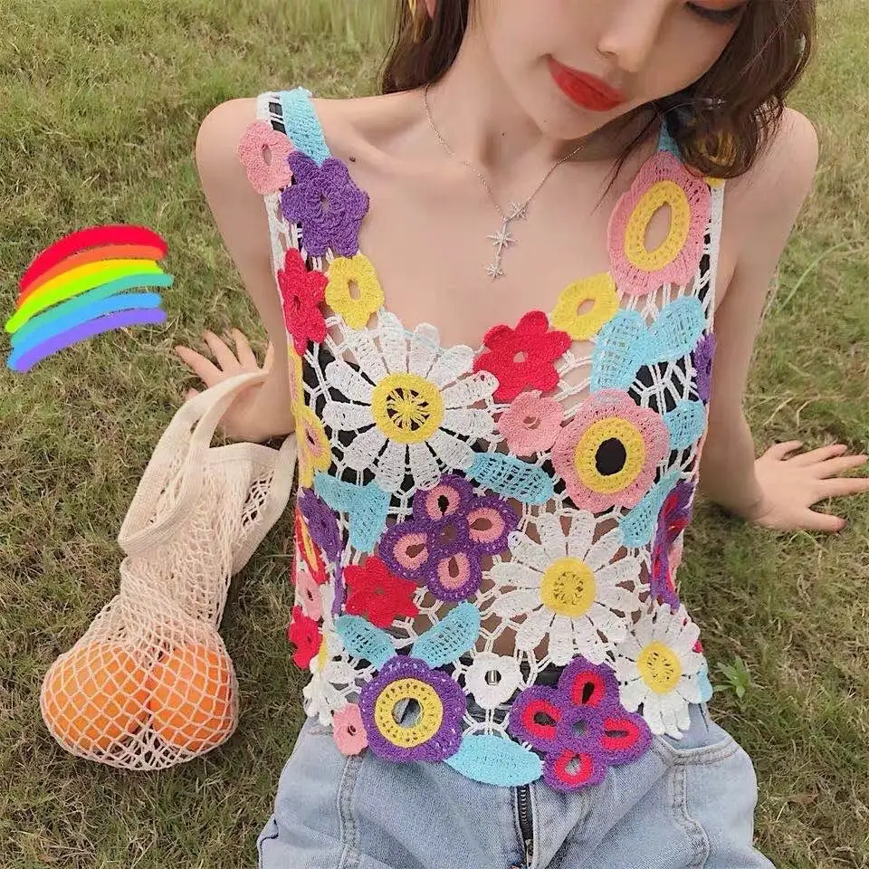

Hooked flower hollowed out knitted vest for women's top, embroidered and loose fitting, sleeveless suspender top, cool summer st