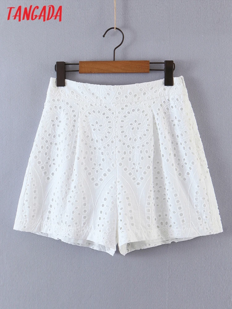 

Tangada Women White Embroidery Cotton Shorts Zipper Pockets Female Retro Casual Shorts Pantalones 8H17
