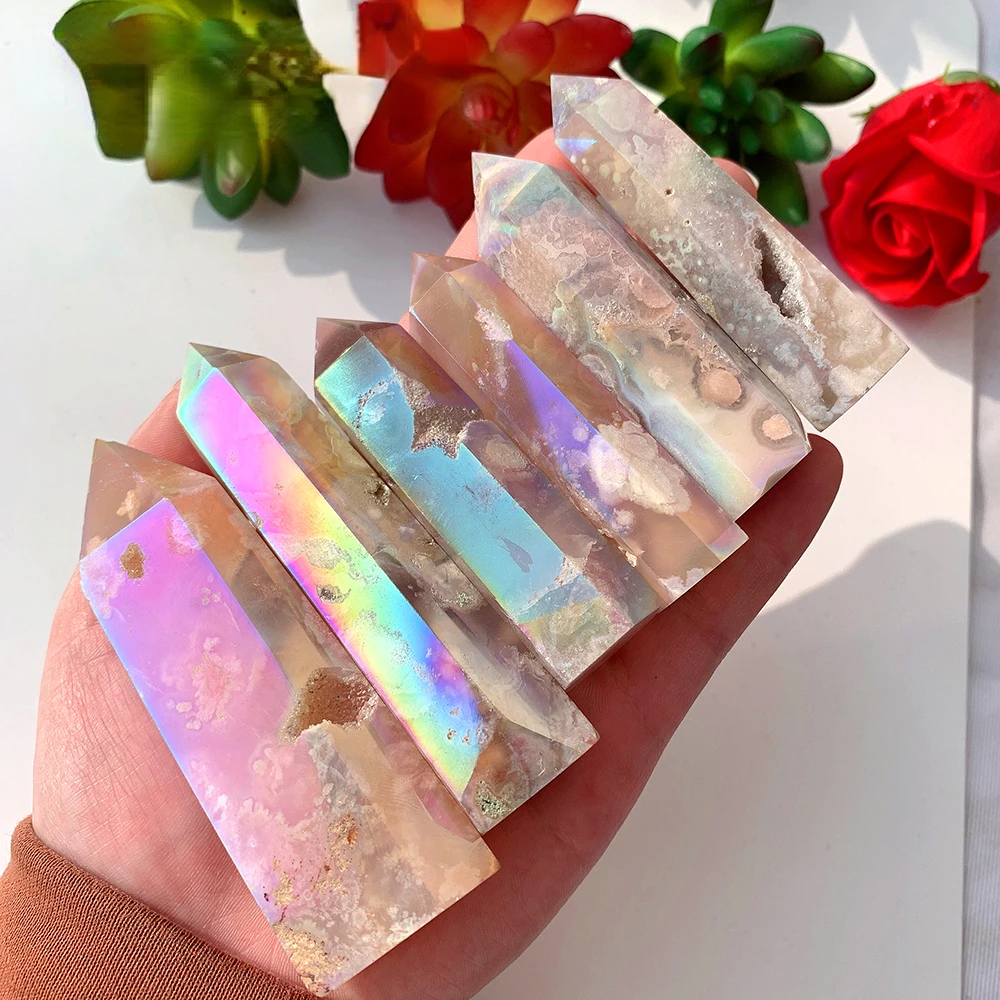 

Natural Rainbow Crystal Point Angel Aura Cherry Aagate Column Healthy Quartz Tower Decorate Energy Converter