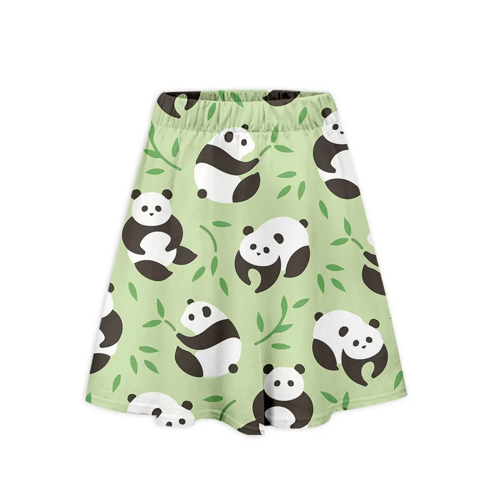 2022 New Summer Women's Fashion Cartoon Panda Print Green Casual Kawaii Street Knee-length Daily Chic College Short A-line Skirt