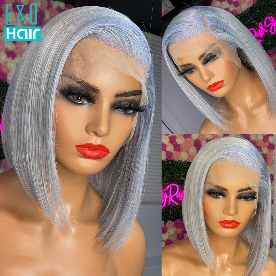 

13x4 Sliver Grey Short Wigs Human Hair Straight Bob Lace Front Wigs Transparent Lace Glueless Wig 4x4 Closure Peruvian Remy Hair