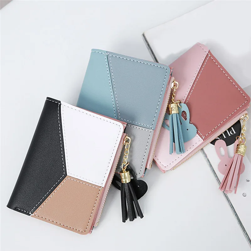 

2021 New Women's Short Zip Wallet Female Students Korean-Style Stitching Contrasting Color Tassels All-match Coin Purse Wallet