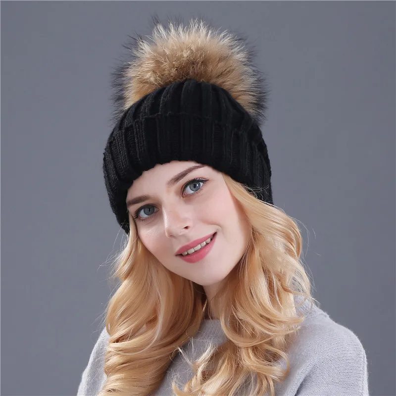 

Mink Fur Ball Cap Winter Hat for Women Girl 's Hat Knitted Beanies Cap Brand New Thick Female Cap Gorros Mujer Invierno Bonnet