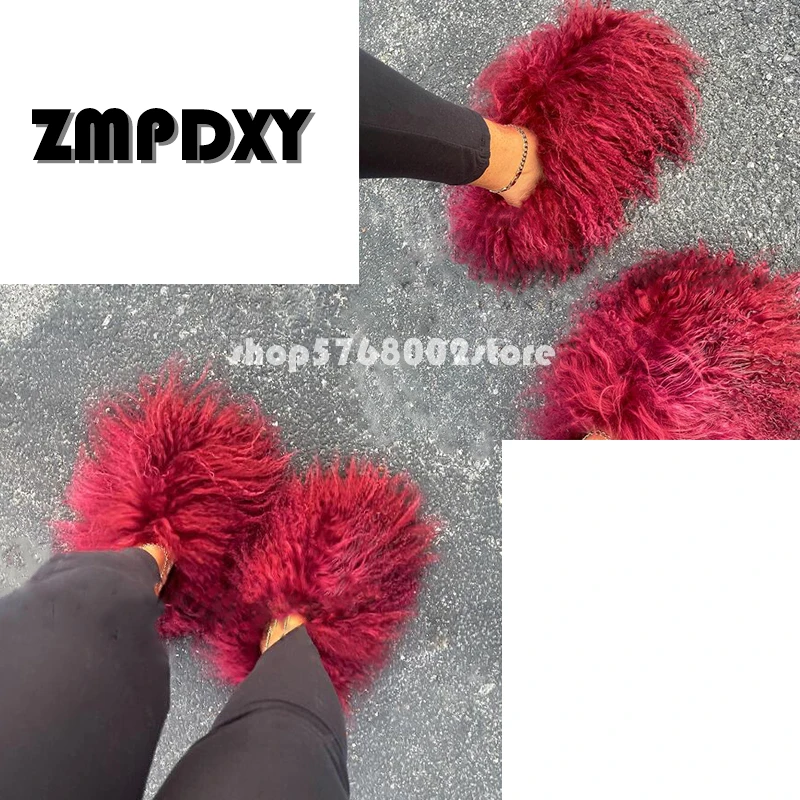 

High Quality Women Slides Fashion Warm Flat Slippers Playful Mongolian Round Toe Fur Slippers Long Hair Girls Shoes Flip Flops