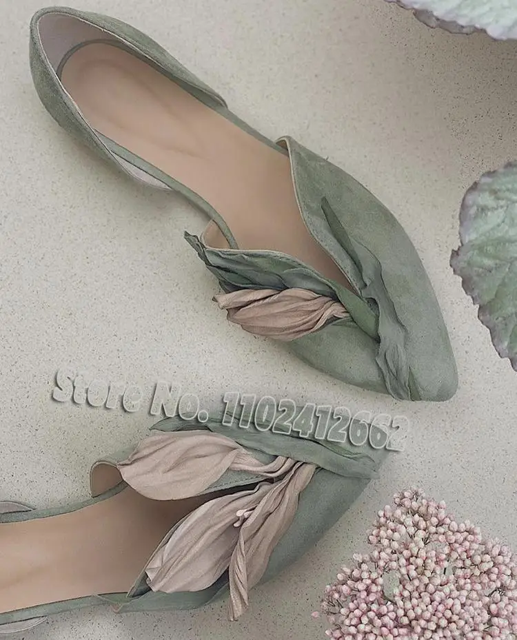 Petals Pointy Toe Flats Green Flower Suede Shoes Gradient Mixed Colors Shoes Elegant Women Sweet Pumps Spring Fairy Casual Shoes