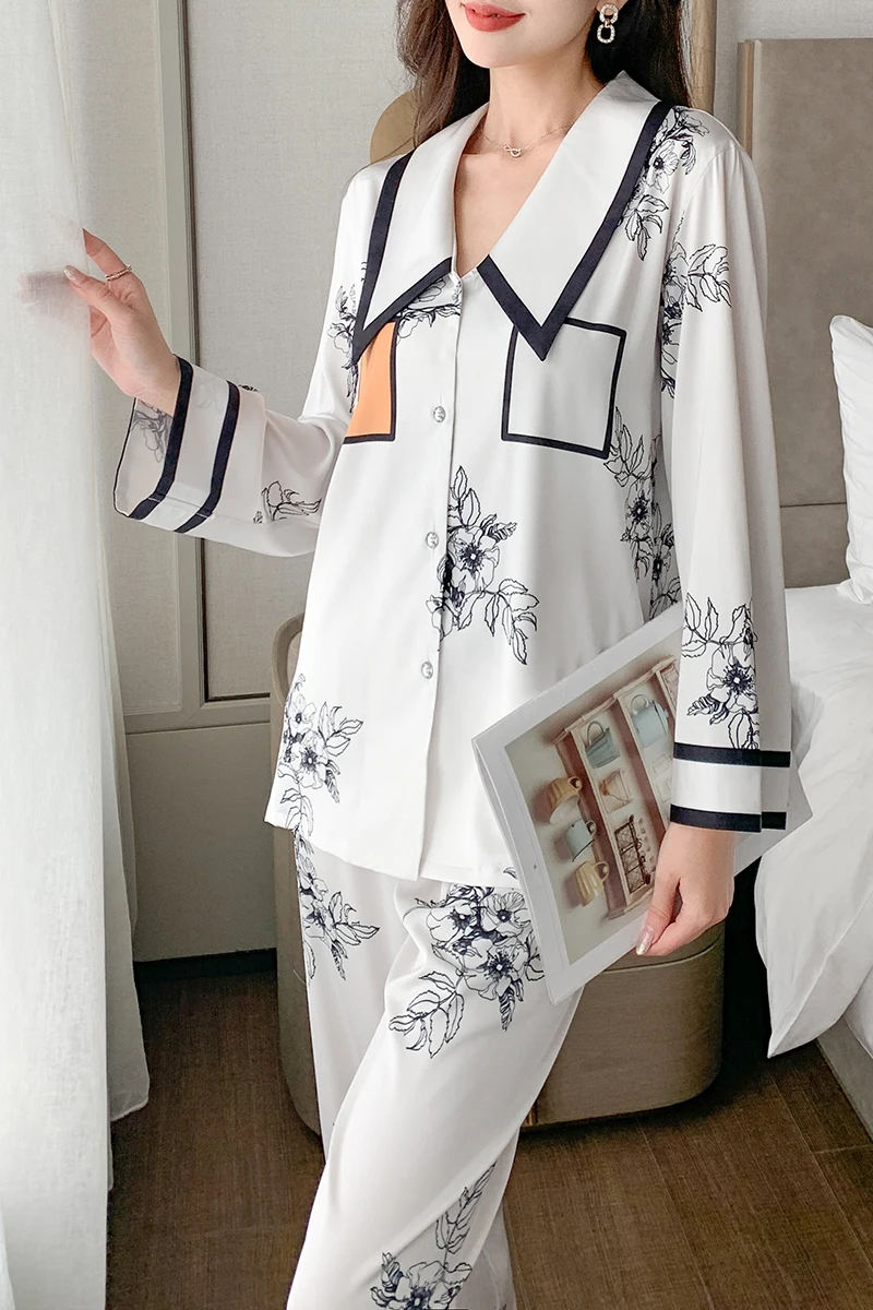Vintage Floral Print Long Sleeve Pajamas Set For Women Spring Summer Thin Chic Homewear Clothing Lady Loose Sleepwear Night Suit
