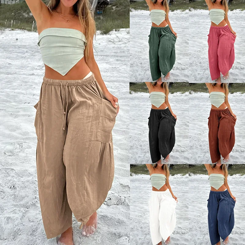 

New Women Pants Wide Leg Pleated Loose Lady Pants Deep Crotch Elastic Waist Drawstring Soft Casual Ankle Length Long Trousers