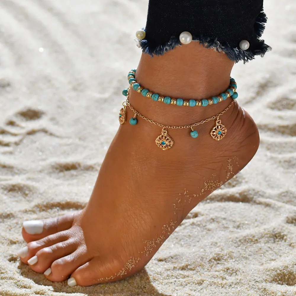 2022 Summer Sexy Gold Chain Foot Chain Turquoises Anklets for Women Love Barefoot Sandals 2-Layer Ankle Bracelets Foot Jewelry