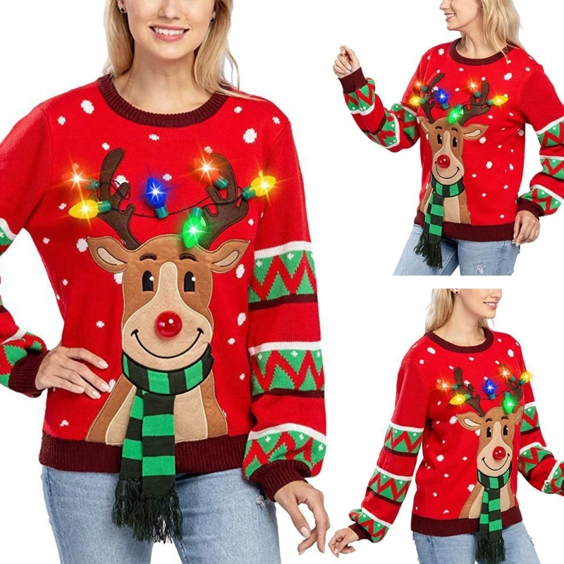 

Womens Christmas Sweater Reindeer Knitted Shirt Colorful LED Light Up Holiday Pullover Jumper Top Built-in Light Bulbs