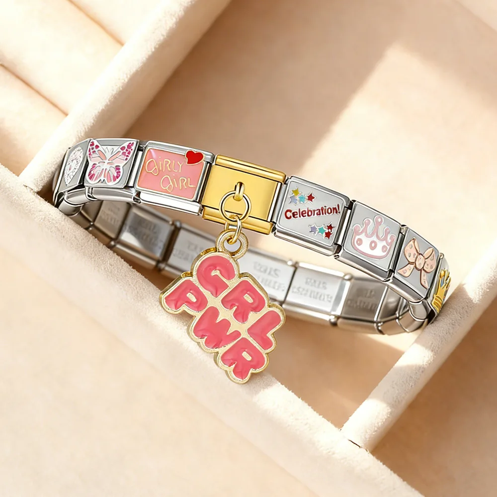 Фото Итальянские модульные подвески-шармы Preppy Pink 9 мм GRL PWR в форме бабочки для девочек, из нержавеющей стали, персонализированные, для самостоятельного изготовления украшений, подарки №1