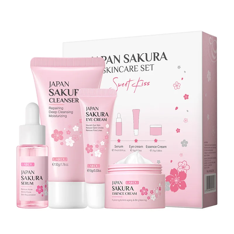 

Face Skin Care 4pc Set Sakura Moisturizing Nourishing Serum Oil-Control Cleanser Smooth Face Cream Eye Cream Whitening Face Care