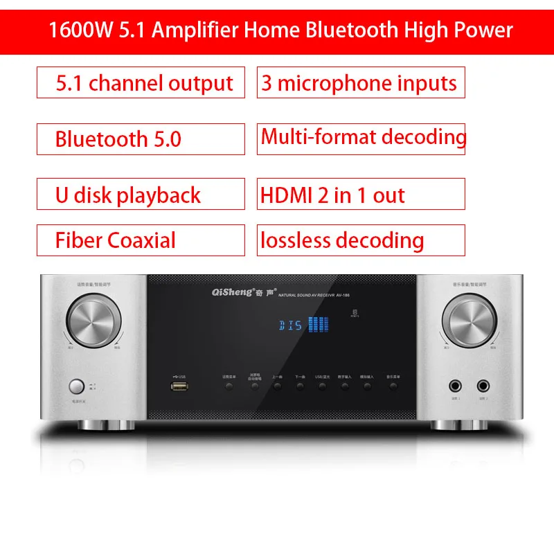 

1600W Home Bluetooth 5.1 Amplifier HD AUX Lossless Decoding High-power Karaoke Public Amplifier Professional HIFI Fever Audio
