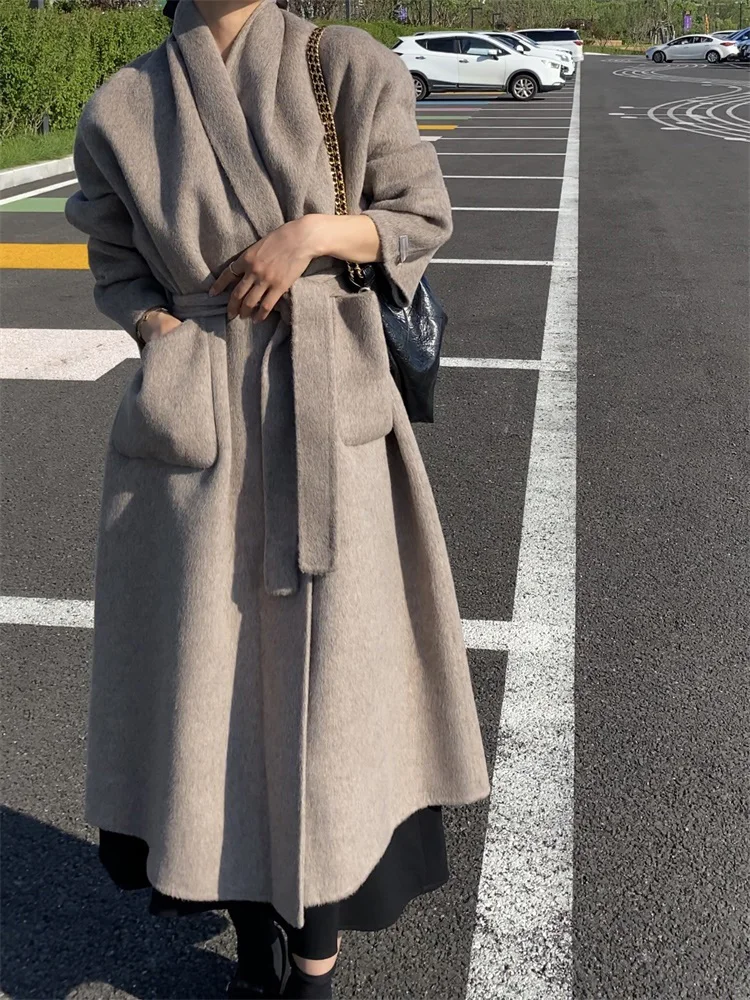 Высококачественное длинное двустороннее кашемировое шерстяное пальто женское