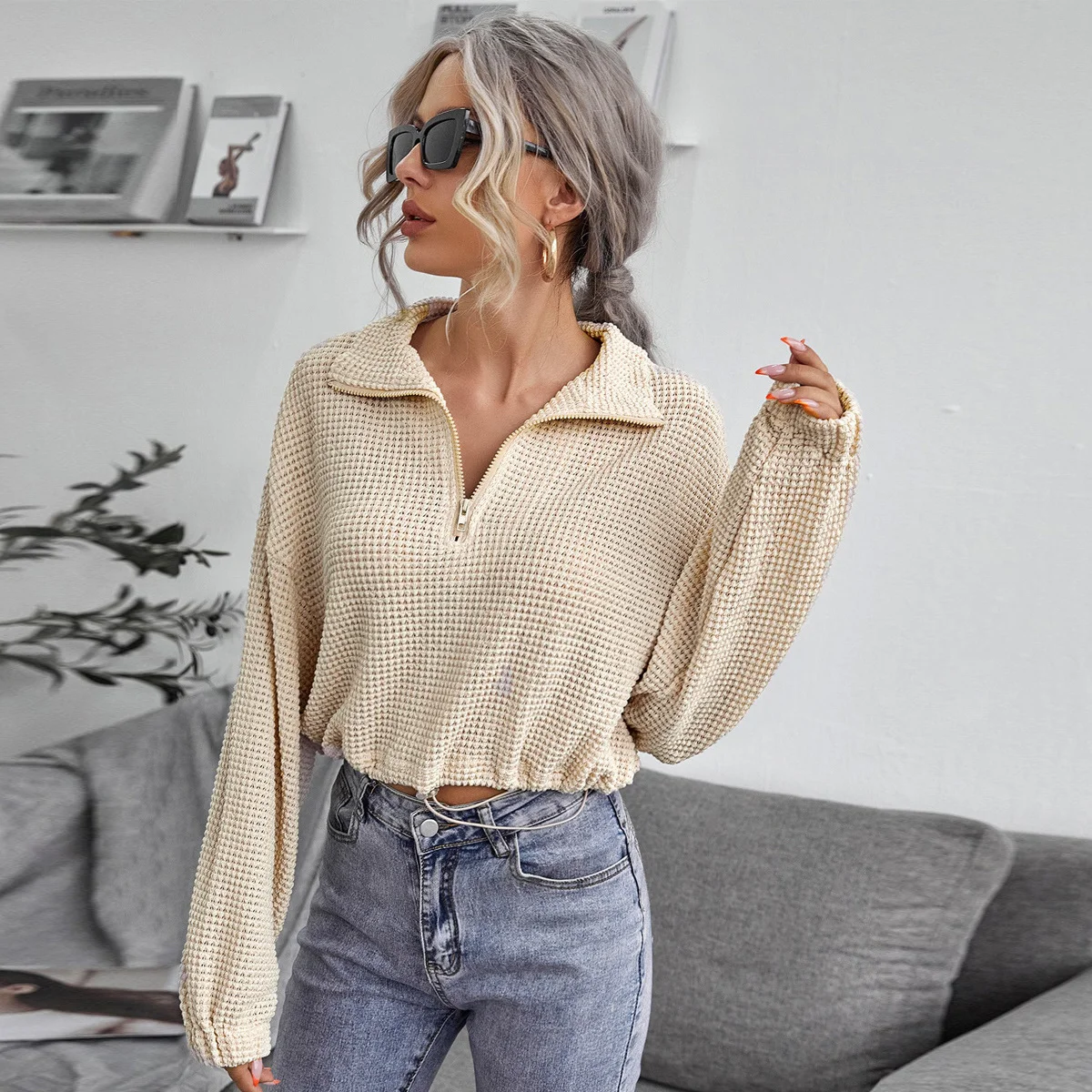 

Women Autumn Polo Sweater Pullover Women Long Sleeve Loose Solid Zip Up Basic Cropped Pullover Spring Fashion Clothing Top