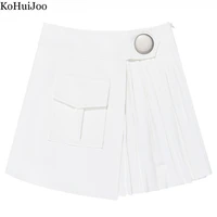 kohuijoo women pleated skirt 2022 spring summer new metal button pocket design patckwork short skirts ladies wear korea white