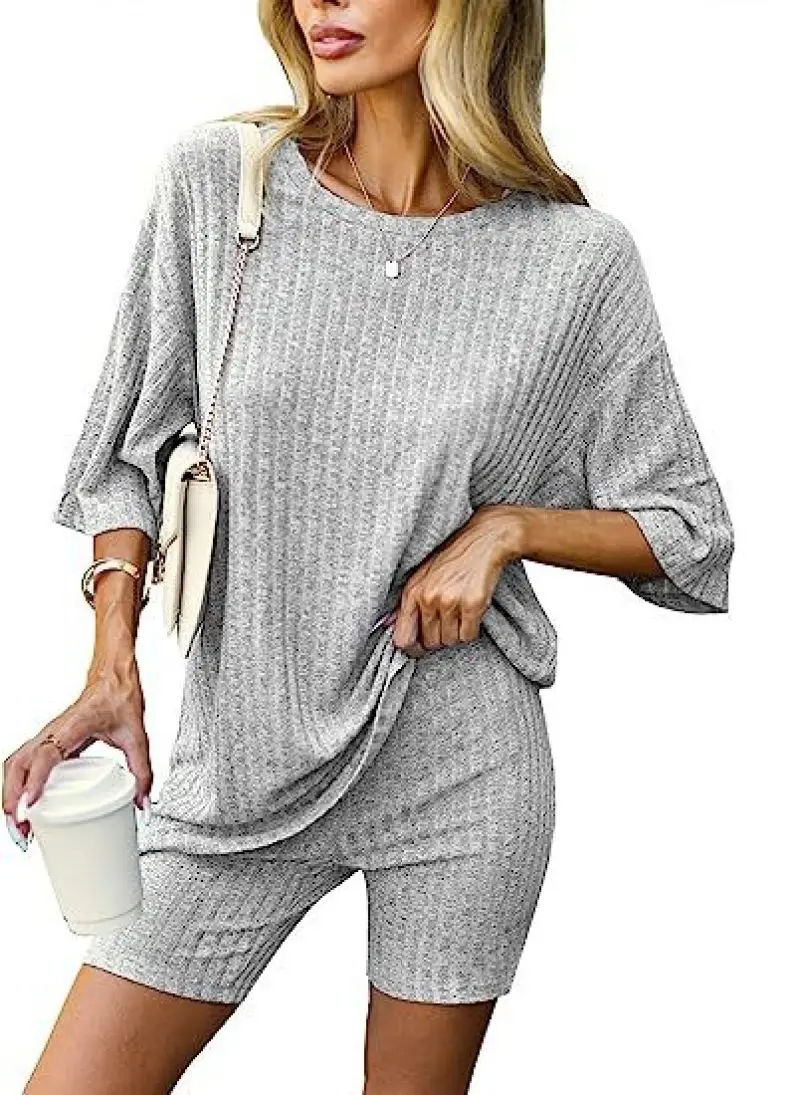 Womens Pajamas Set Pyjamas 2 Piece Lounge Sets Ribbed Knit Matching Outfits T-shirt Biker Shorts Sleepwear Loungewear Sweatsuits