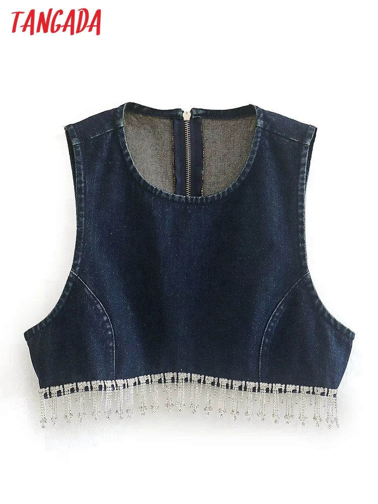 

Кроп-топ женский джинсовый без рукавов с бахромой и застежкой-молнией сзади