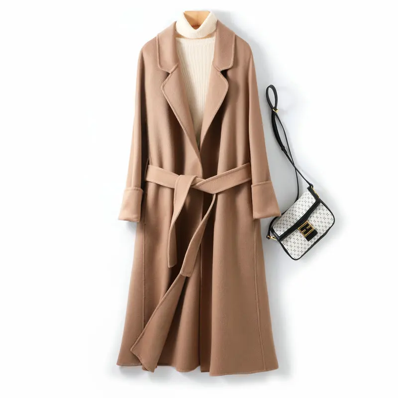 

100% Wool Coats With Belt Fashion Open Stitch Elegant Woolen Cashmere Coat Veste Femme Tops Abrigo Mujer