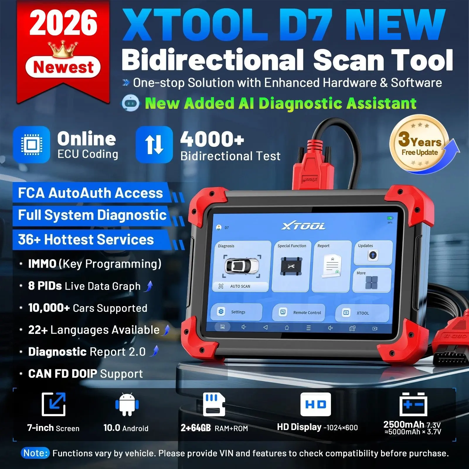 Фото Новейший автомобильный сканер XTOOL D7 V2.0 OBD2, диагностический инструмент для всех систем автомобиля с функцией кодирования ЭБУ FCA, программатор автомобильных ключей, 36+ функций сброса. №2