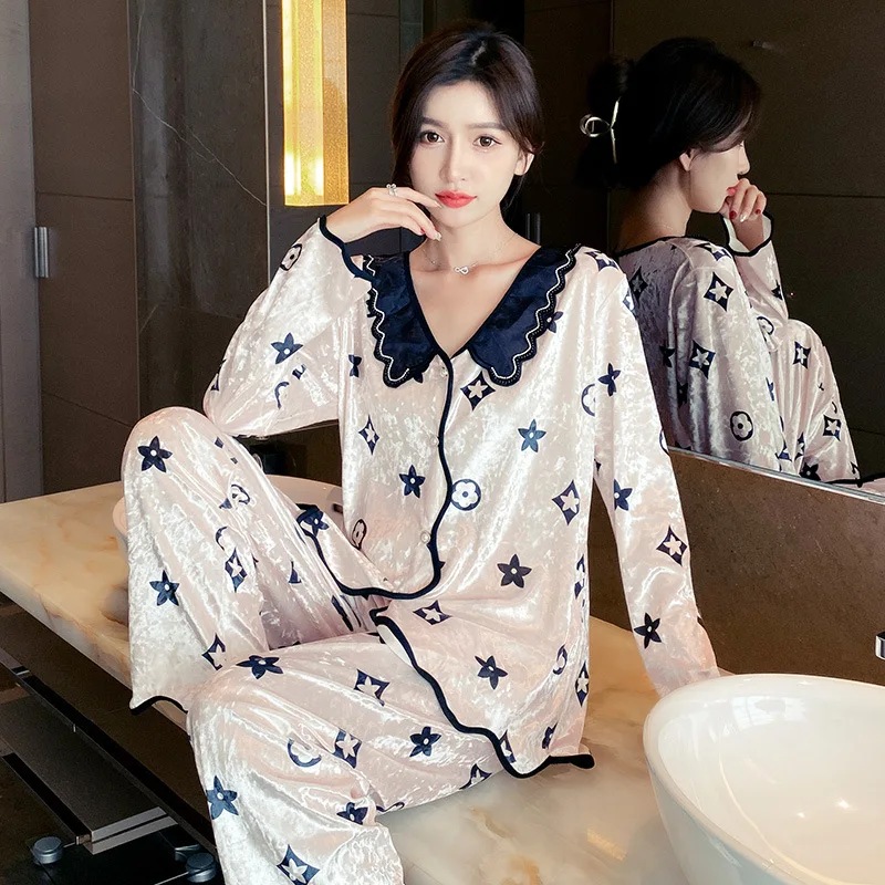 2022 Золотая Бархатная Пижама осень-зима женский корейский бархатный кардиган