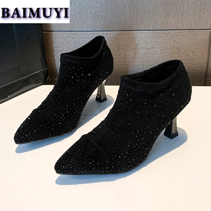 Женские ботильоны с кристаллами привлекательная обувь на высоком каблуке острым