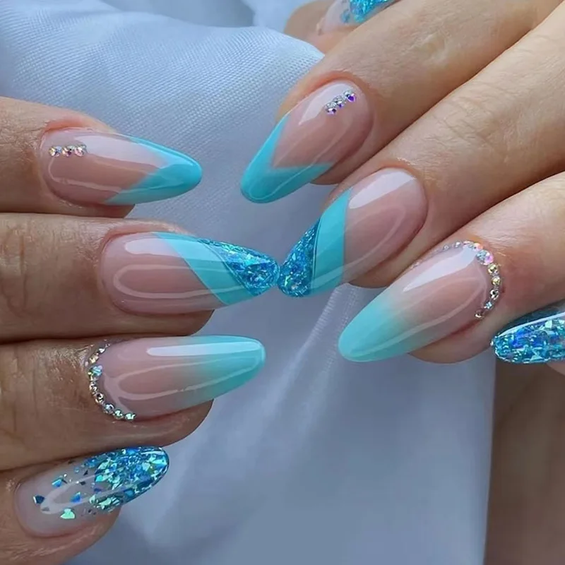 

24Pcs Gradient False Nails Almond Blue with Rhinestones French Design Wearable Fake Nails Glitter Artificial Press on Nails Tips