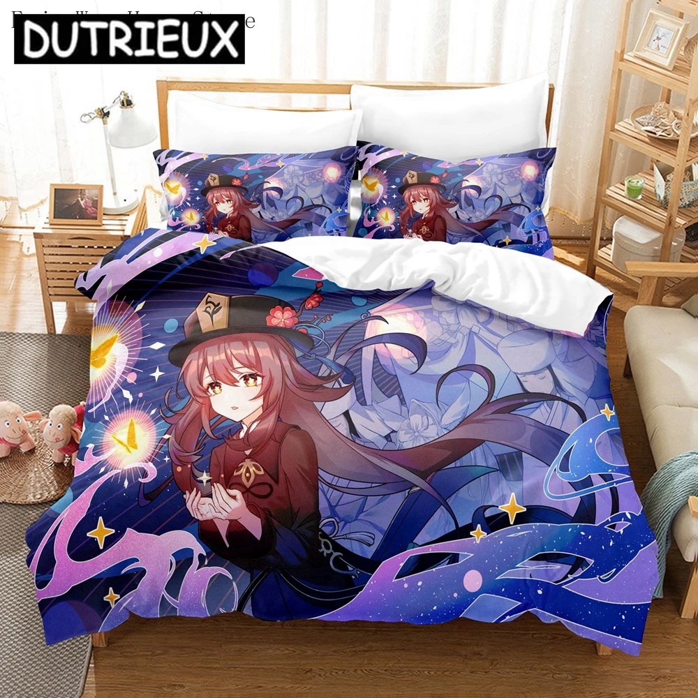 

Genshin Impact Bedding Set Game Hu Tao Kawaii Bed Set Cute Cartoon Microfiber Duvet Cover Set For Child King Twin Double