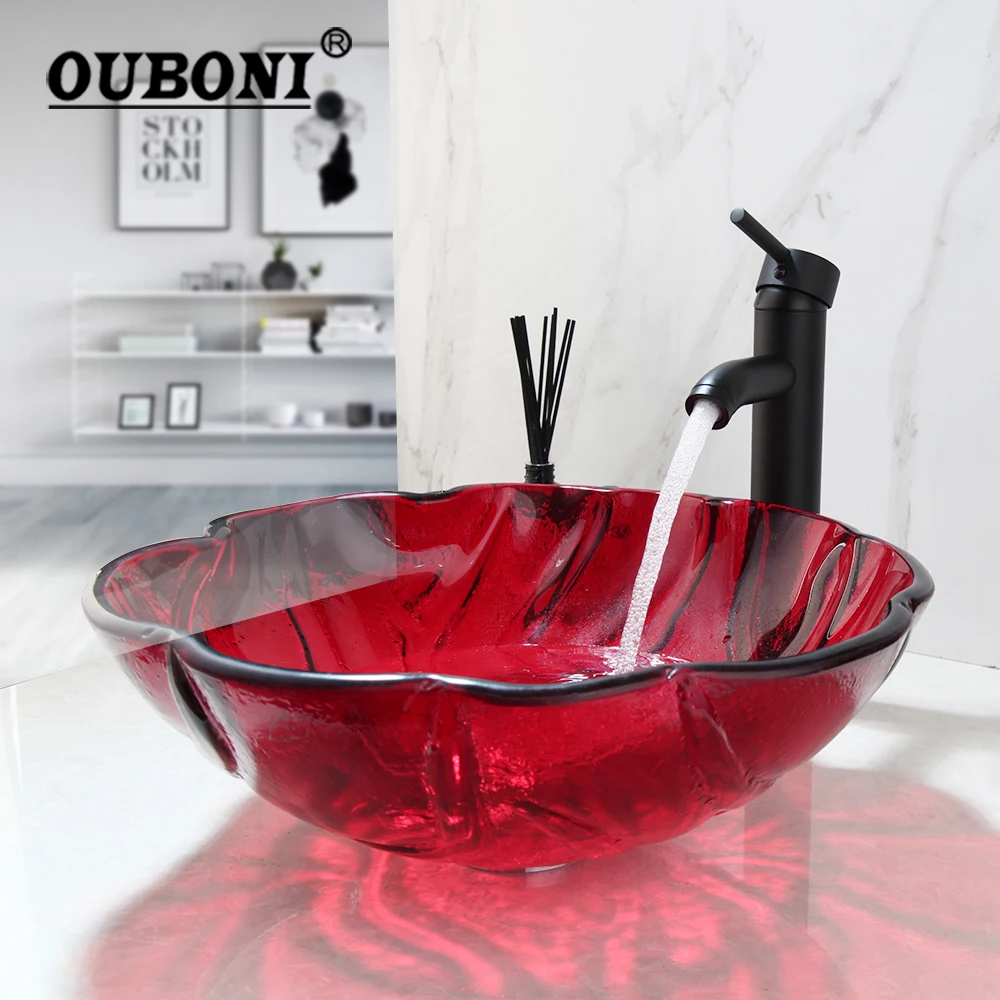 

OUBONI Red Art Tempered Glass Bathroom Vessel Sink & Matte Black Brass Basin Faucet Deck Mounted Combo Glass Sink Set w/ Drain