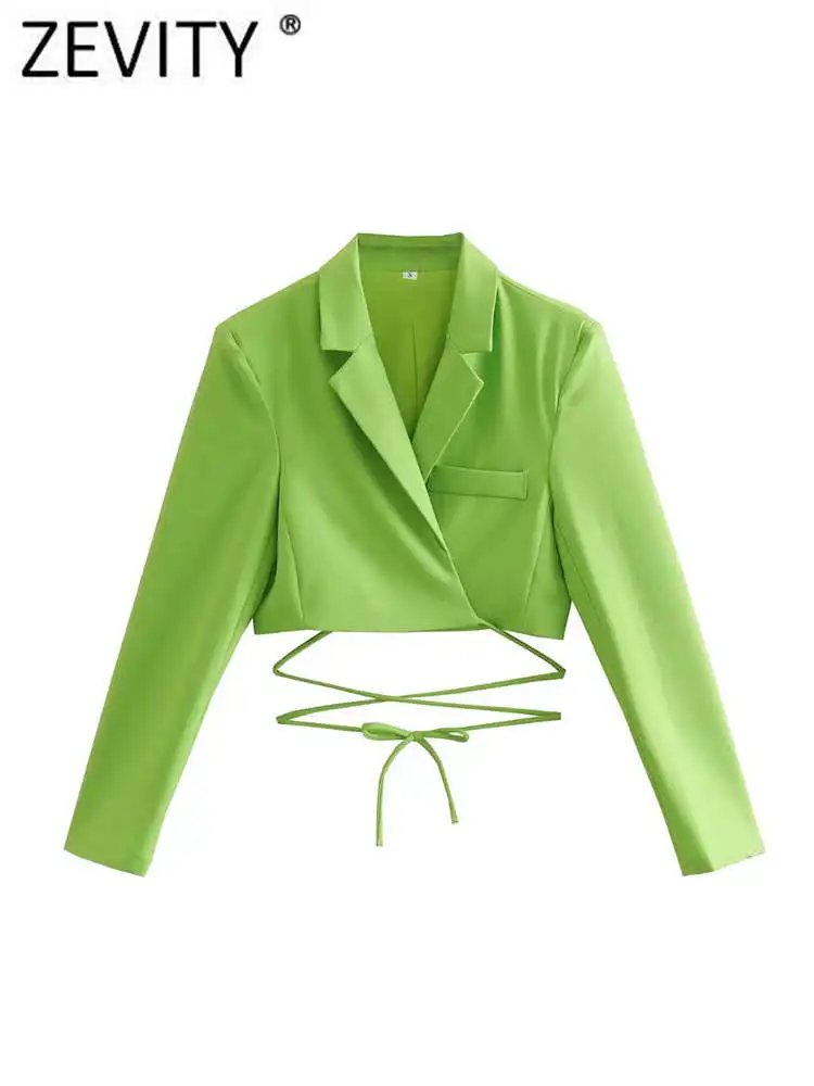 Zevity donna High Street colletto con intaglio orlo allacciato verde giacca corta cappotto donna manica lunga capispalla Chic Crop top CT390