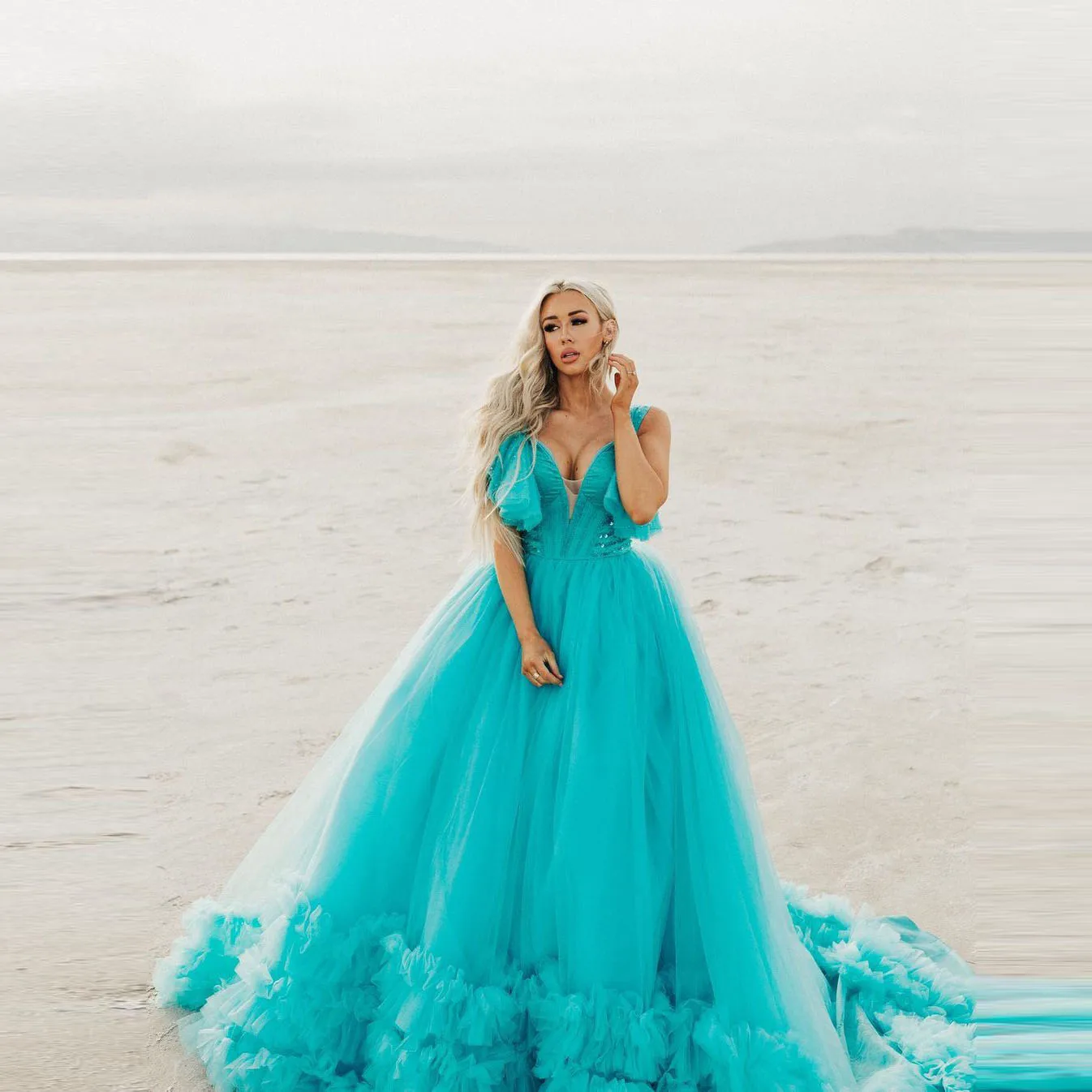 

Blue Elegant Exquisite Sexy Women's Dress V-Neck A-Line Floor Length Tulle Ruffle With Train Evening Dress Photography Plus Size