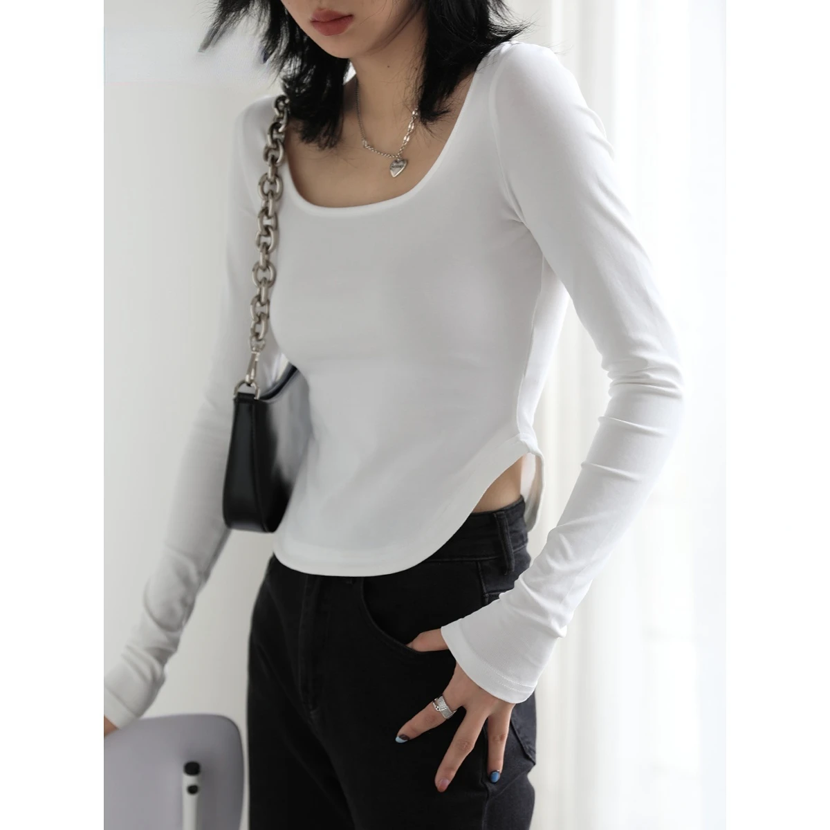 

Dinboa-женская футболка, короткая облегающая футболка с квадратным вырезом и длинным рукавом, Женский Топ, эластичная женская рубашка, весна-л...