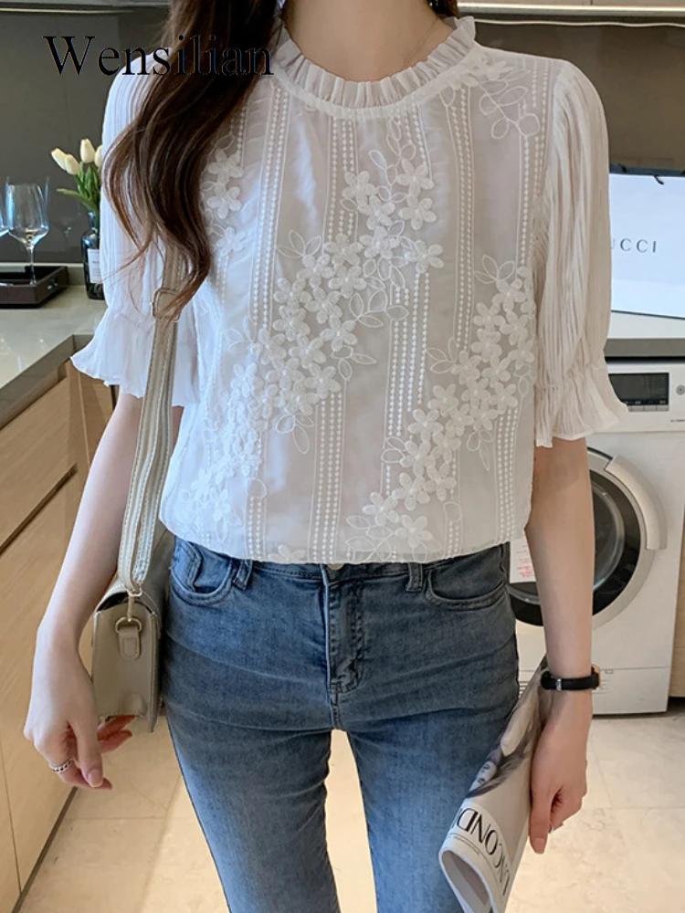 

Женская шифоновая блузка с цветочной вышивкой, с коротким рукавом