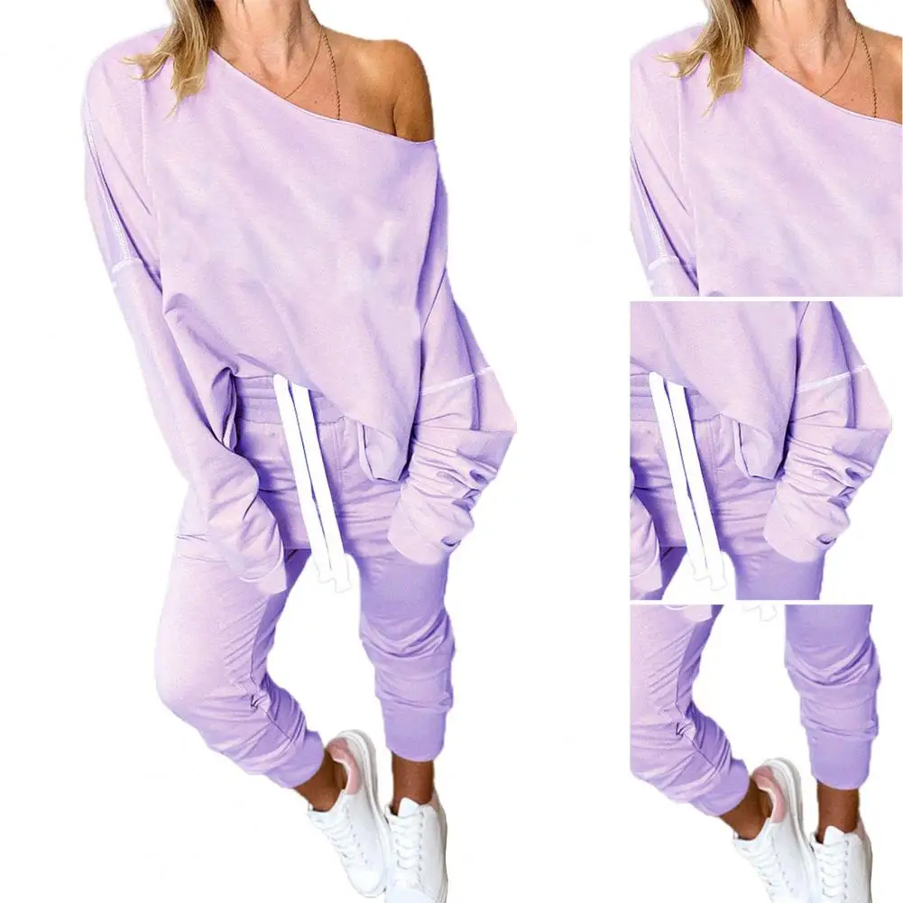 

2Pcs/Set Trendy Women Pullover Pants Solid Color Skin-touch Women Blouse Trousers Loose Round Neck Outfit