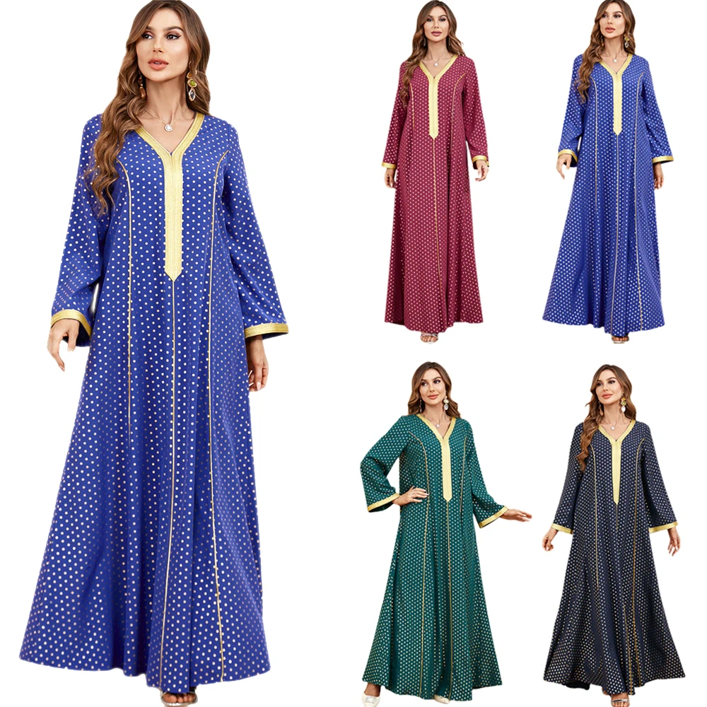 

Women's Ramadan Eid Long Sleeve Dress Polka Dot Print Abaya Robe Moroccan Kaftan Muslim Dresses Islamic V-Neck Arabic Dresses