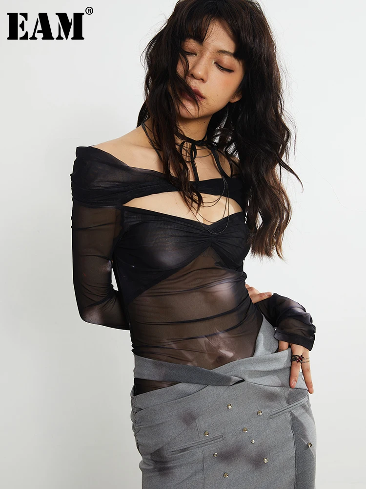 

[EAM] Women Balck Printed Mesh Hollow Out Eleagnt T-shirt New Slash Neck Long Sleeve Fashion Tide Spring Autumn 2023 1DF7560