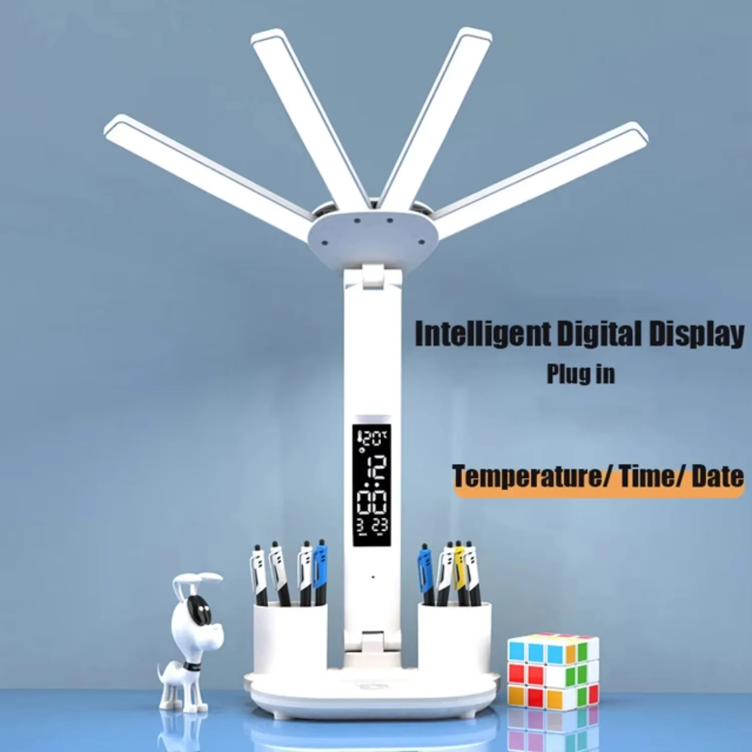 

Настольная LED-лампа с цифровым дисплеем, 3 цвета свечения, 4 вентилятора, USB зарядка