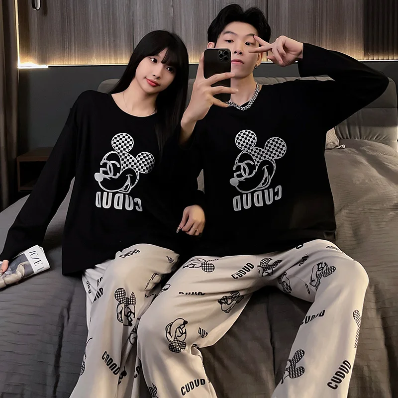 Disney Korean Style Mickey Mouse Pajamas Set for Women Men Couple Two Piecs Suit Casual Loose Pyjama Sleepwear Loungewear Pjs