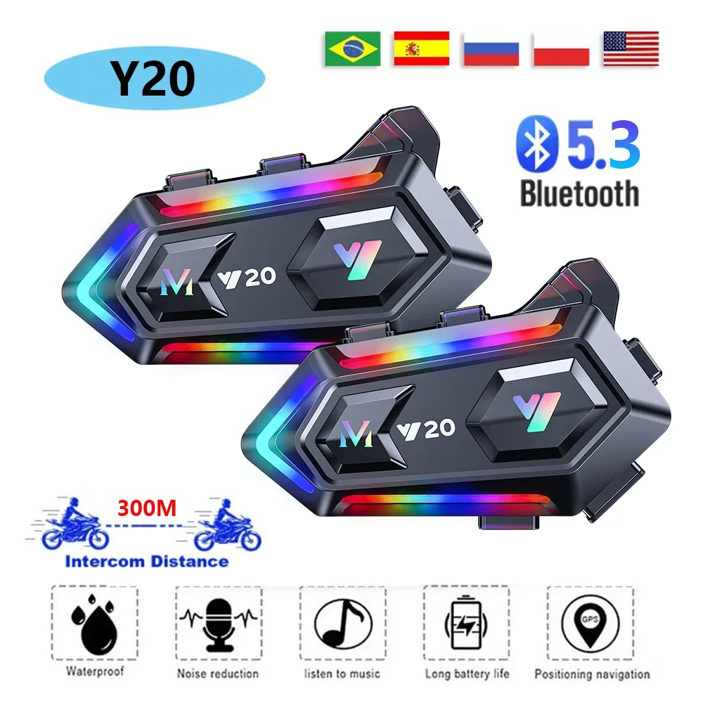 

Y20 Motorcycle Helmet Intercom with RGB Ambient Light Motorcycle Bluetooth Headset Voice Assistant Music Playback Navigation