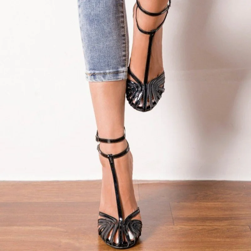 

High Heel Women Sandals 2022 Summer Black Stilettos Ankle Buckle Strap Ladies Casual Pumps PU Sexy Sandalias Comodas De Mujer