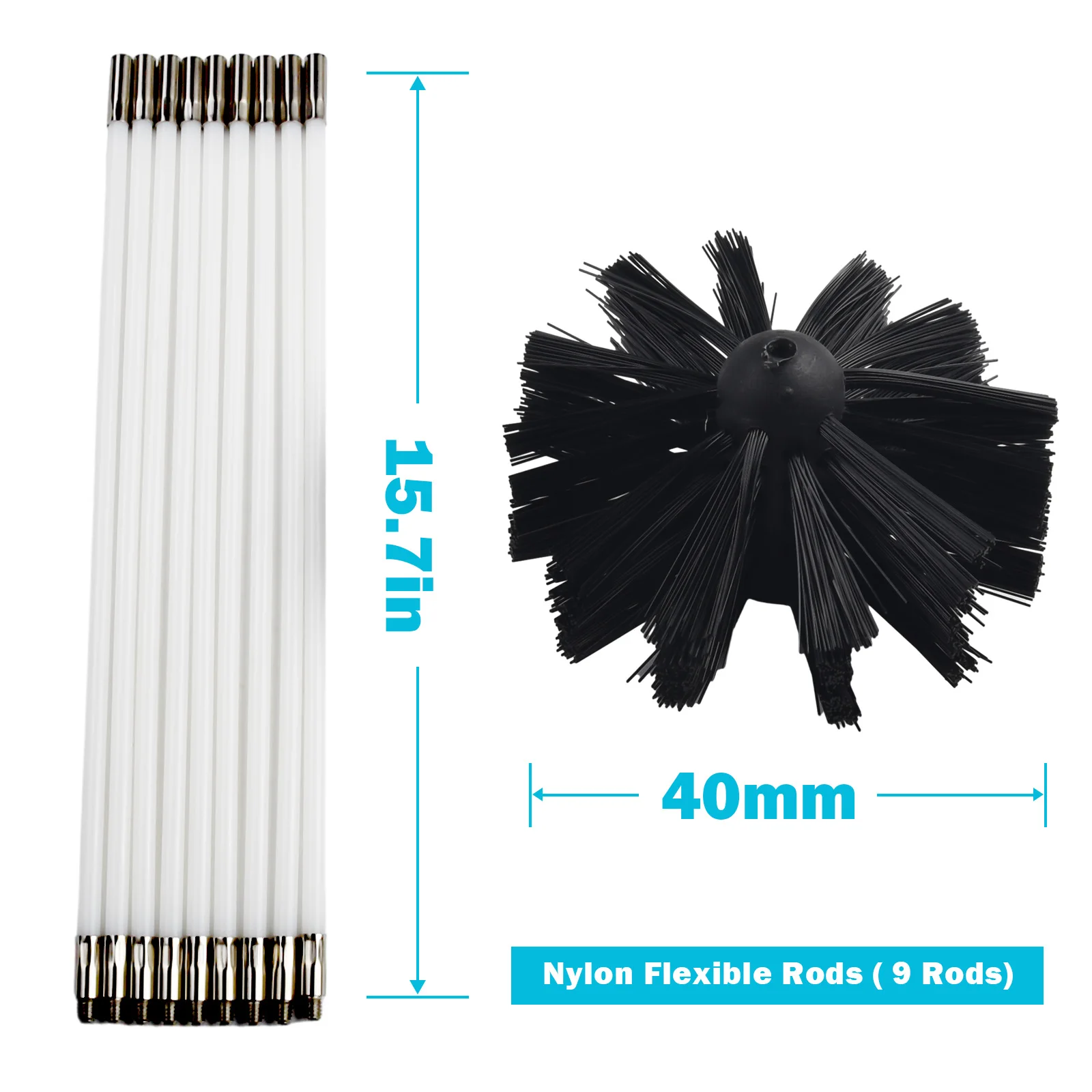 

1pcs Brush 9pcs Rod Nylon Black + White 400mm Electric Drill Pipeline Brush Pipeline Brush For Chimney Dryer Pipe Fireplace